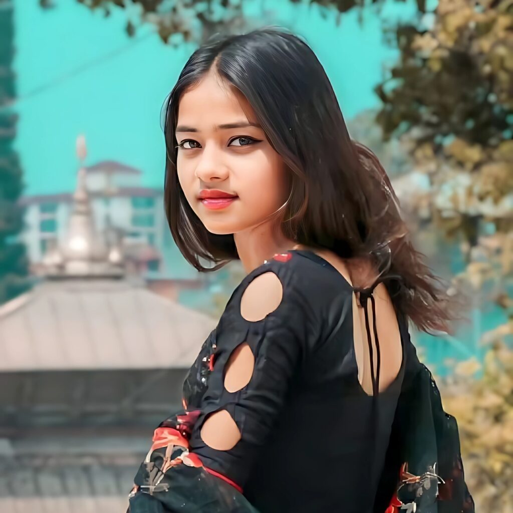 Cute girl image for DP in stylish black dress with traditional scarf, outdoor background