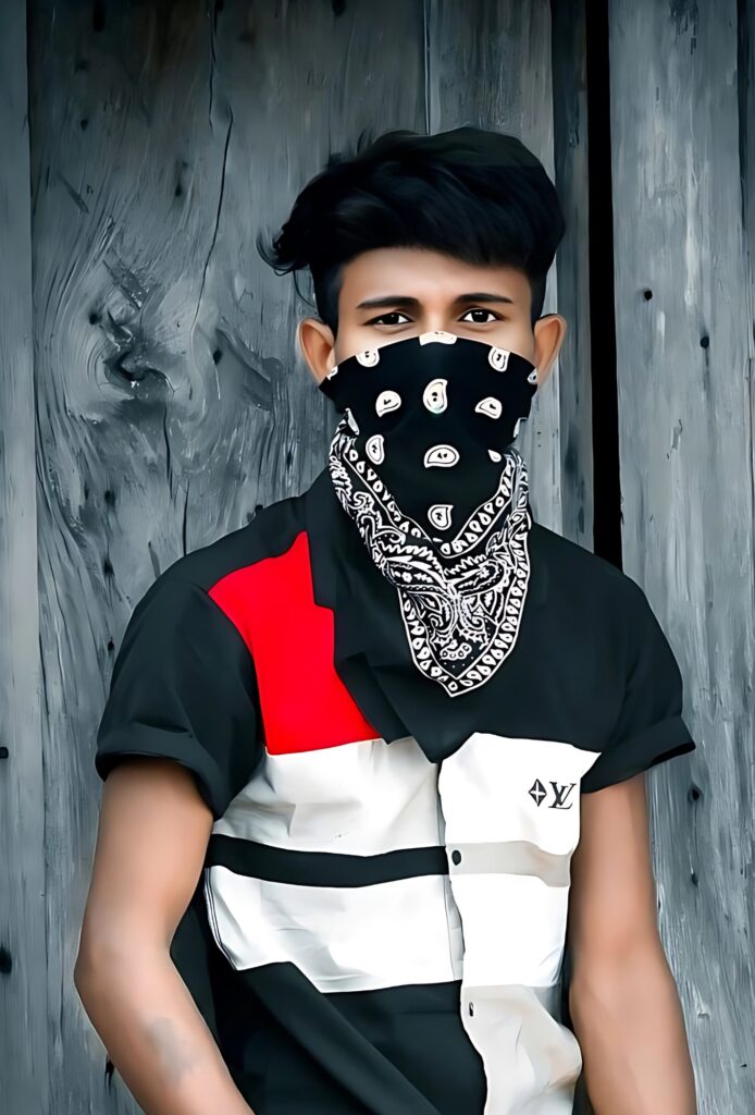 Stylish boy with bandana mask posing in front of wooden wall – trendy Instagram DP for boys