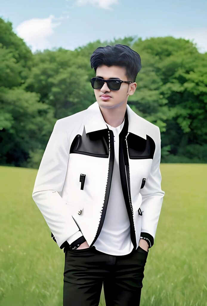 Handsome single boy wearing a white and black jacket with sunglasses posing confidently in a green field
