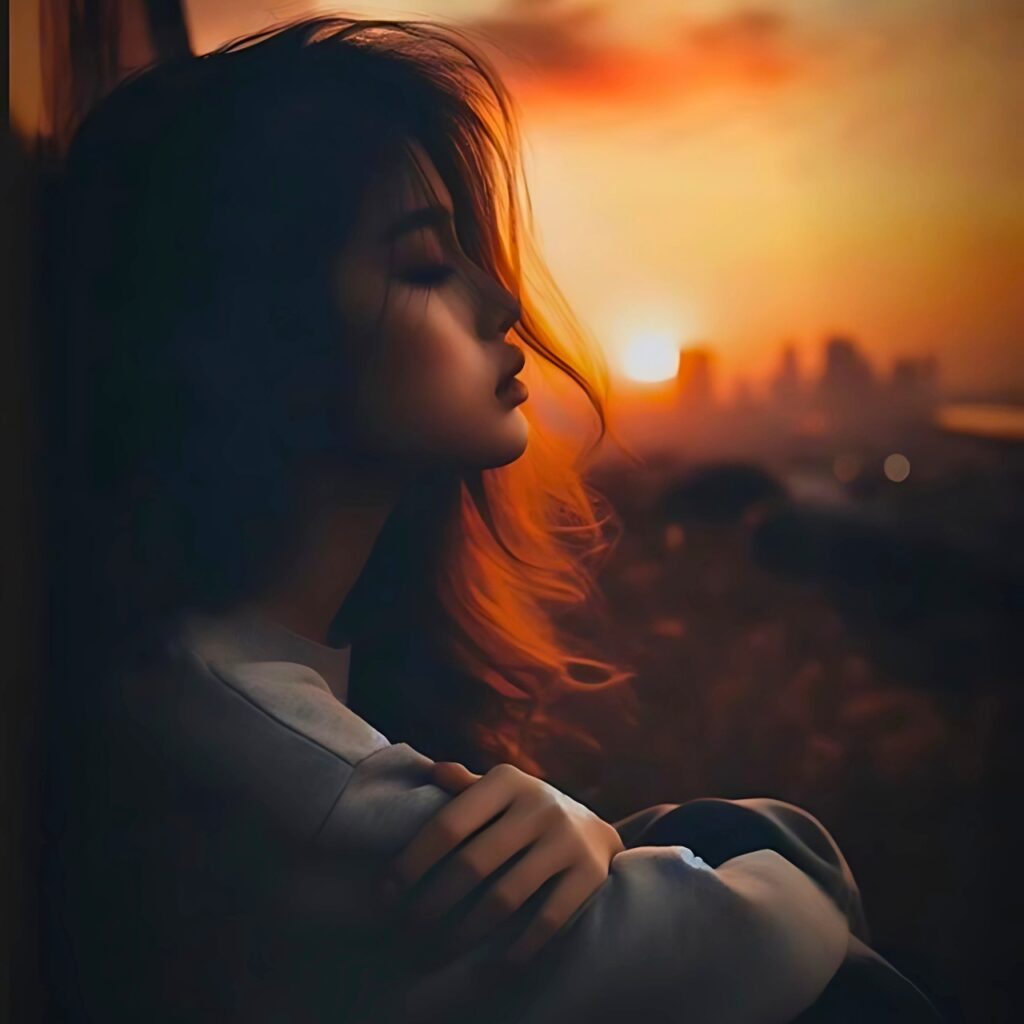 Sad girl sitting alone at sunset, lost in thought with soft sunlight on her face – peaceful mood off DP for girls