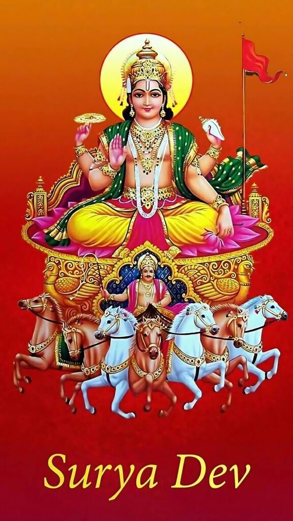 Surya Dev riding a golden chariot drawn by seven horses, radiating divine energy on a vibrant red background.