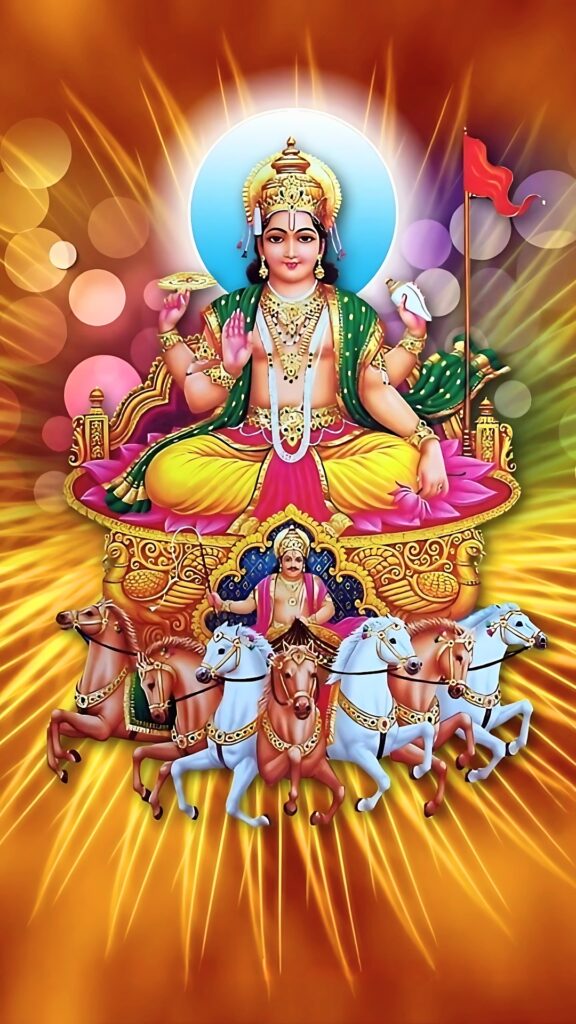 Surya Dev seated on a golden chariot with seven divine horses, radiating light and spiritual energy in vibrant HD.