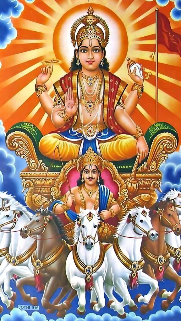 Surya Dev, the Hindu Sun God, seated on a golden chariot drawn by seven horses, radiating divine energy and cosmic light.