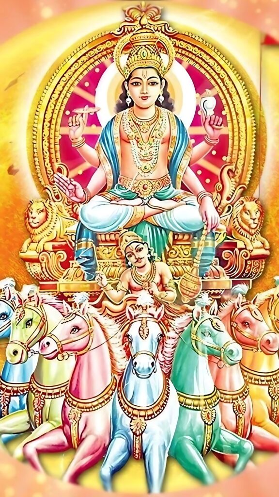 Surya Dev sitting on a golden chariot drawn by seven vibrant, multicolored horses with divine radiance and symbols of light.