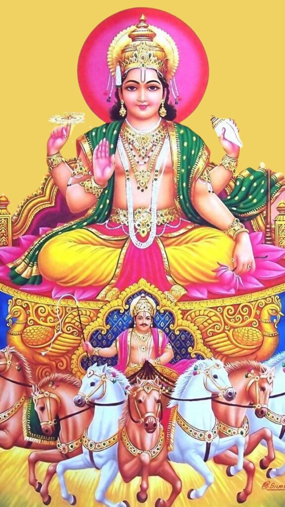 Surya Dev sitting on a radiant golden chariot pulled by seven horses, glowing with divine energy under a bright sky.