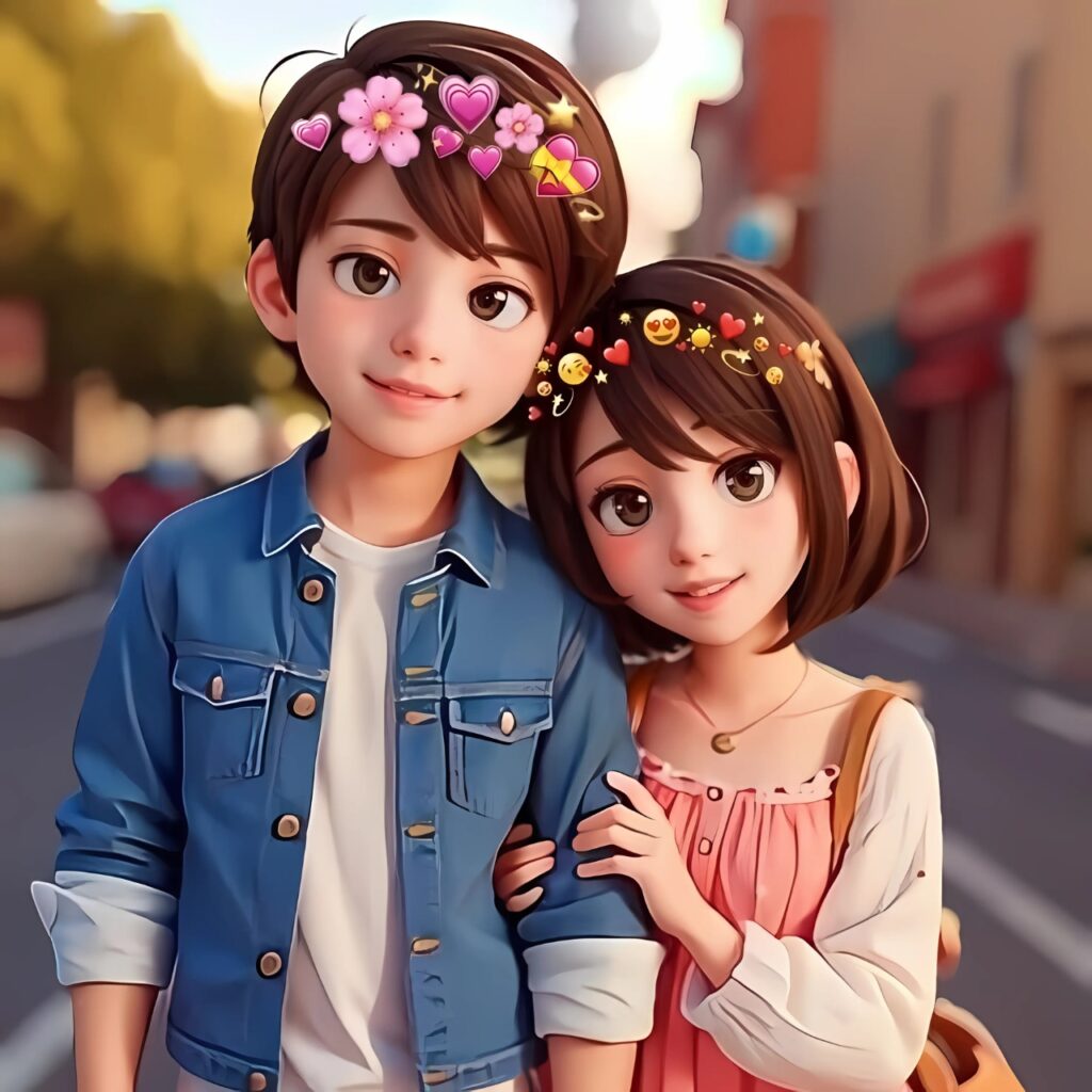 Cute cartoon couple in love with emoji crowns, standing closely on a city street, the girl lovingly holding the boy’s arm – ideal sweet love WhatsApp DP