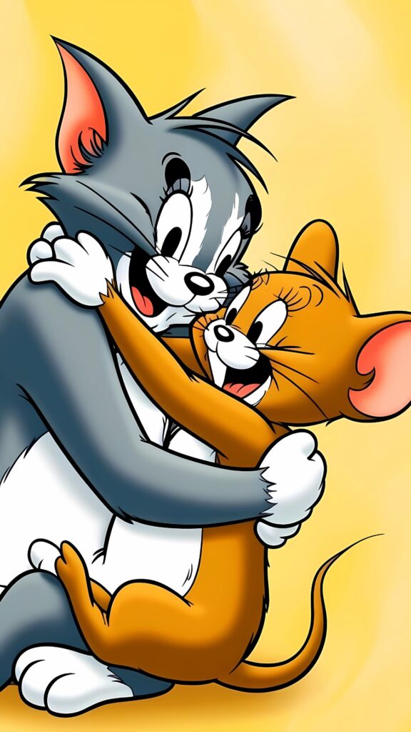 Tom and Jerry hugging each other happily on a yellow background, symbolizing friendship and joy.