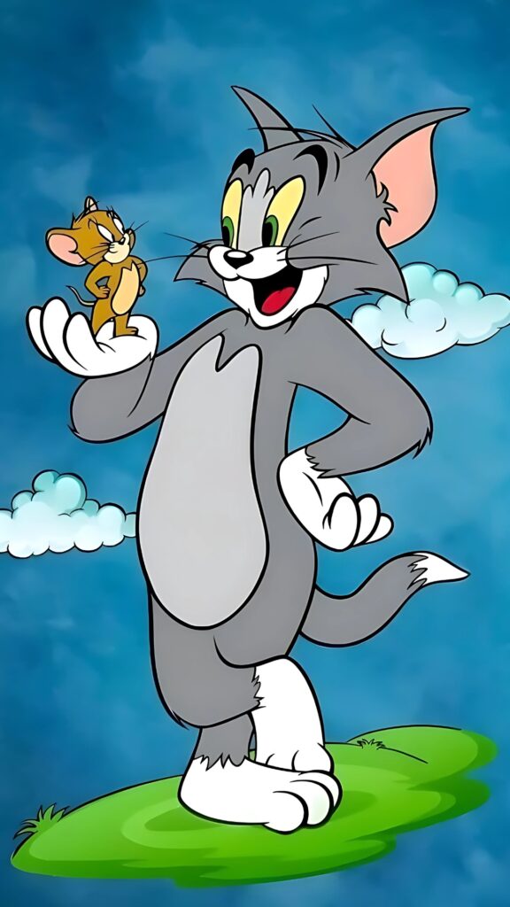 Tom and Jerry 4K wallpaper featuring Tom holding Jerry in his hand with a bright sky and fluffy clouds in the background