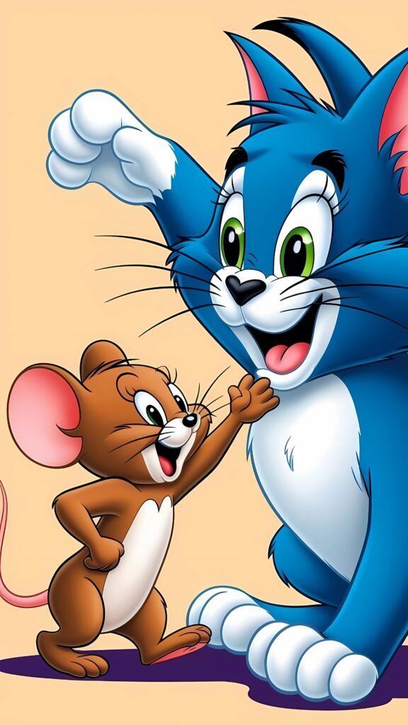 Tom and Jerry sharing a joyful high-five, with Tom in blue fur and Jerry smiling excitedly on a soft peach background.