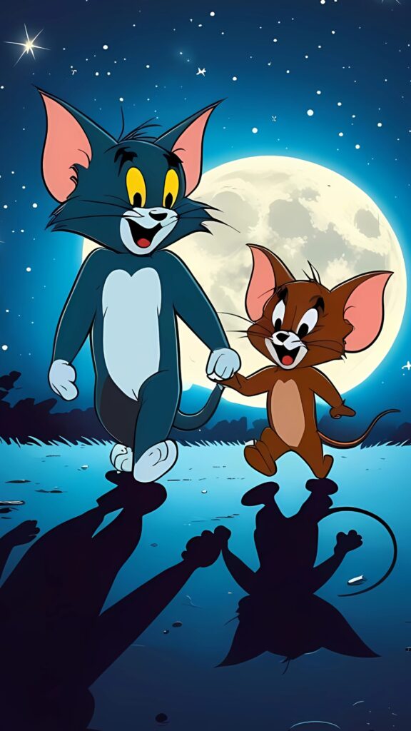 Tom and Jerry wallpaper HD download featuring the cartoon duo walking hand in hand under a starry night sky and full moon.