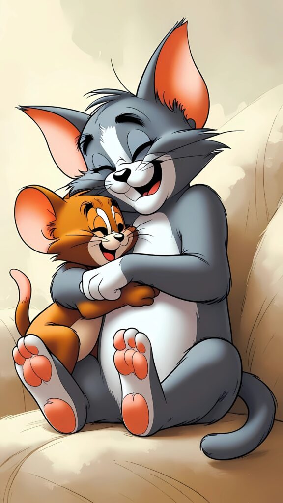 Adorable hug between Tom and Jerry on a cozy couch – perfect iPhone wallpaper in HD