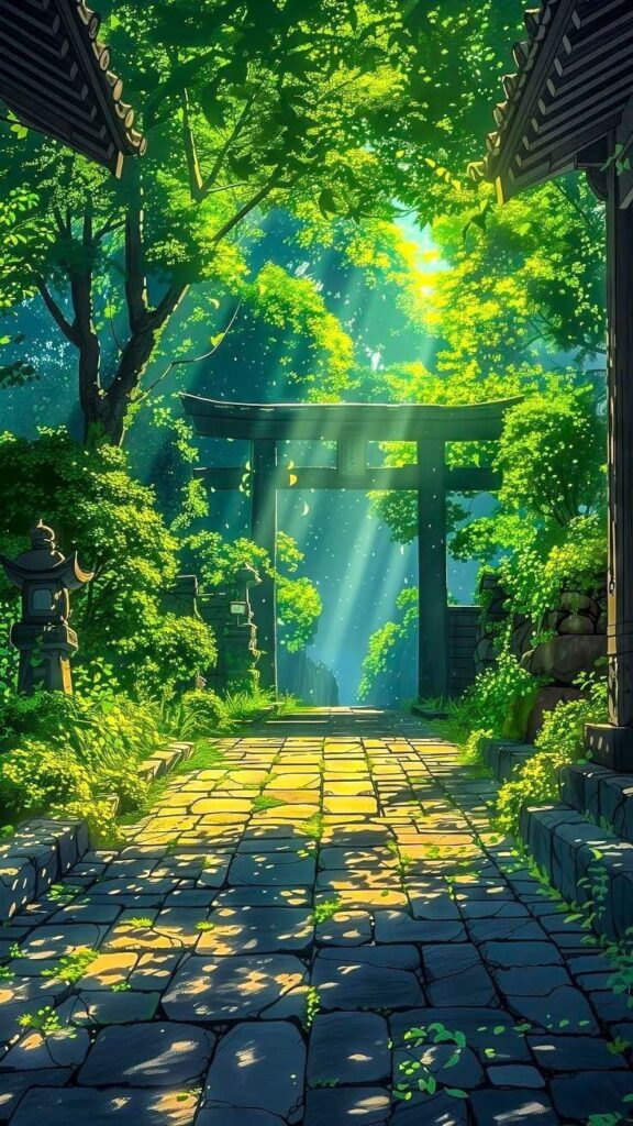 Beautiful anime-style shrine path with lush greenery, sunlight rays, and stone walkway in 4K phone wallpaper
