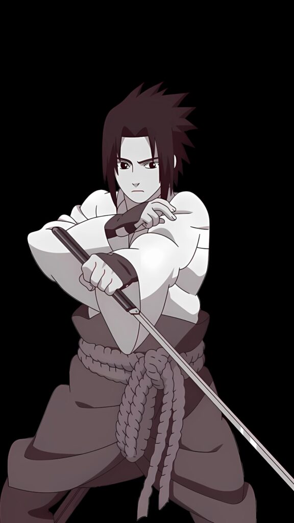 Minimalist Uchiha Sasuke 4K wallpaper in HD with black background, samurai sword pose, anime design, perfect for desktop and mobile backgrounds.