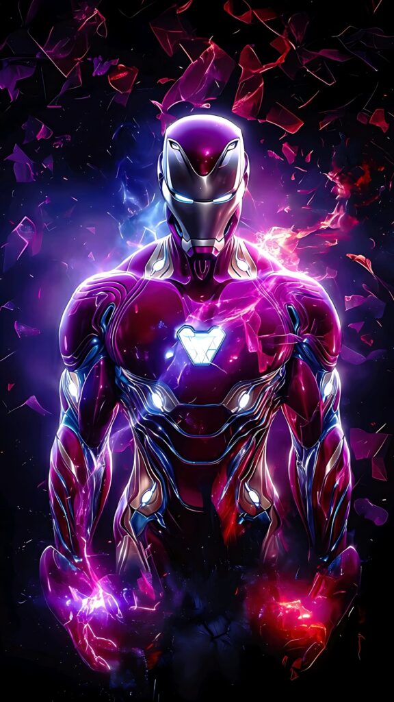 Ultra HD 4K Iron Man wallpaper with futuristic neon suit, glowing chest reactor, and purple-red energy effects