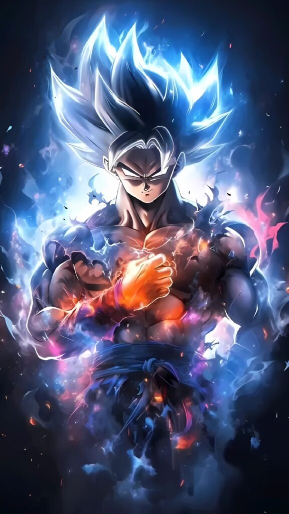 Ultra Instinct Goku glowing with blue and fiery aura in epic 4K anime artwork