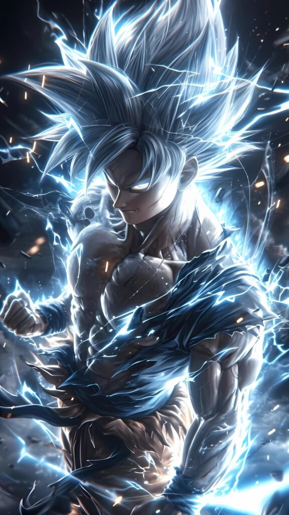 Ultra Instinct Goku in electrifying battle pose with glowing aura – 4K anime wallpaper