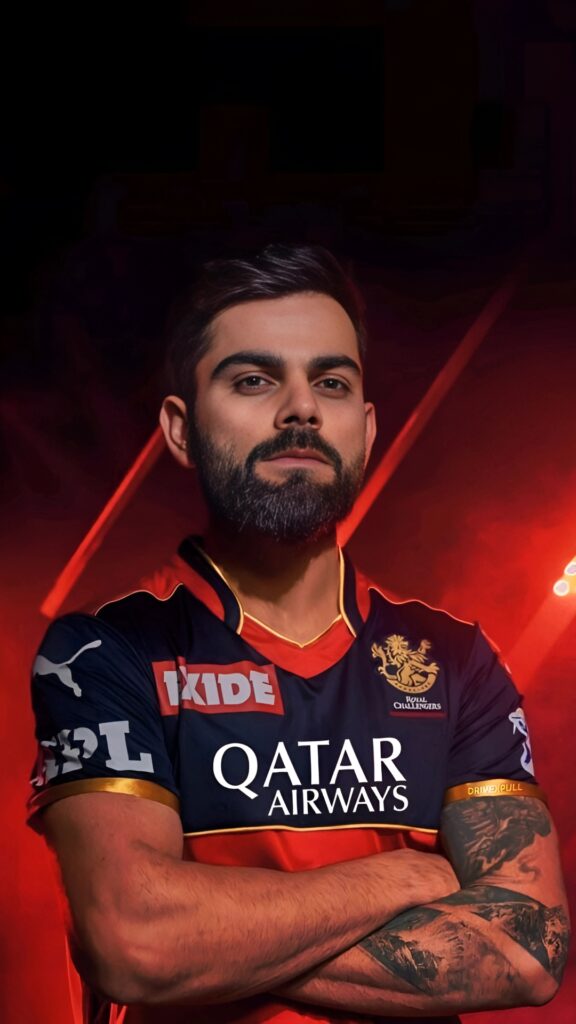 Virat Kohli intense close-up pose in RCB 2024 jersey – Royal Challengers Bangalore HD wallpaper with red lights.