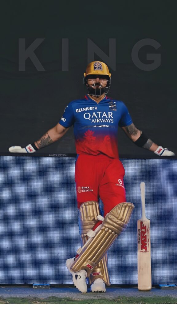 Virat Kohli striking a stylish pose in RCB jersey with golden pads and bat – IPL 2024 HD wallpaper.