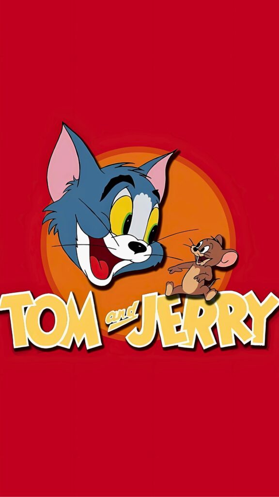 Tom and Jerry classic logo wallpaper with Tom smiling at Jerry on a bold red background