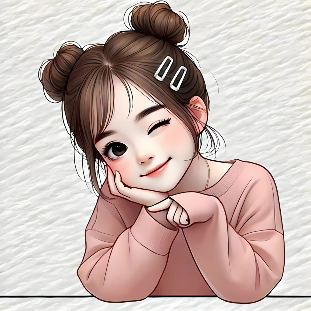 Cute cartoon girl winking with double bun hairstyle and pink sweater – perfect for WhatsApp profile pic