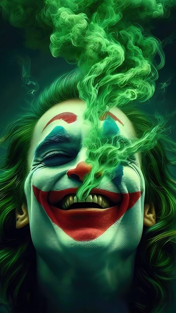 Joker 4K wallpaper – close-up HD portrait of Joaquin Phoenix Joker with green smoke rising from mouth, intense smile, clown makeup
