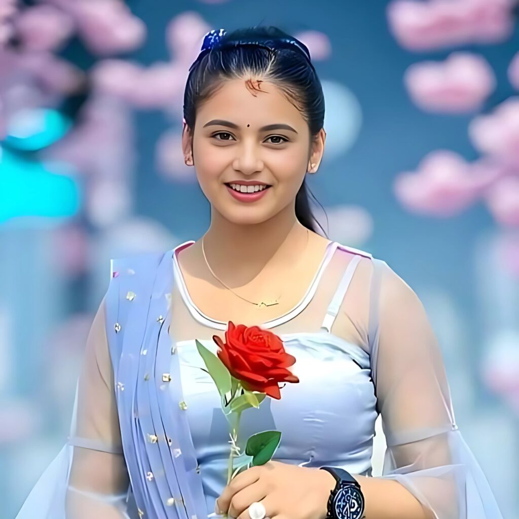 क्यूट लड़की नीले ट्रेडिशनल ड्रेस में लाल गुलाब के साथ – परफेक्ट व्हाट्सएप डीपी फोटो