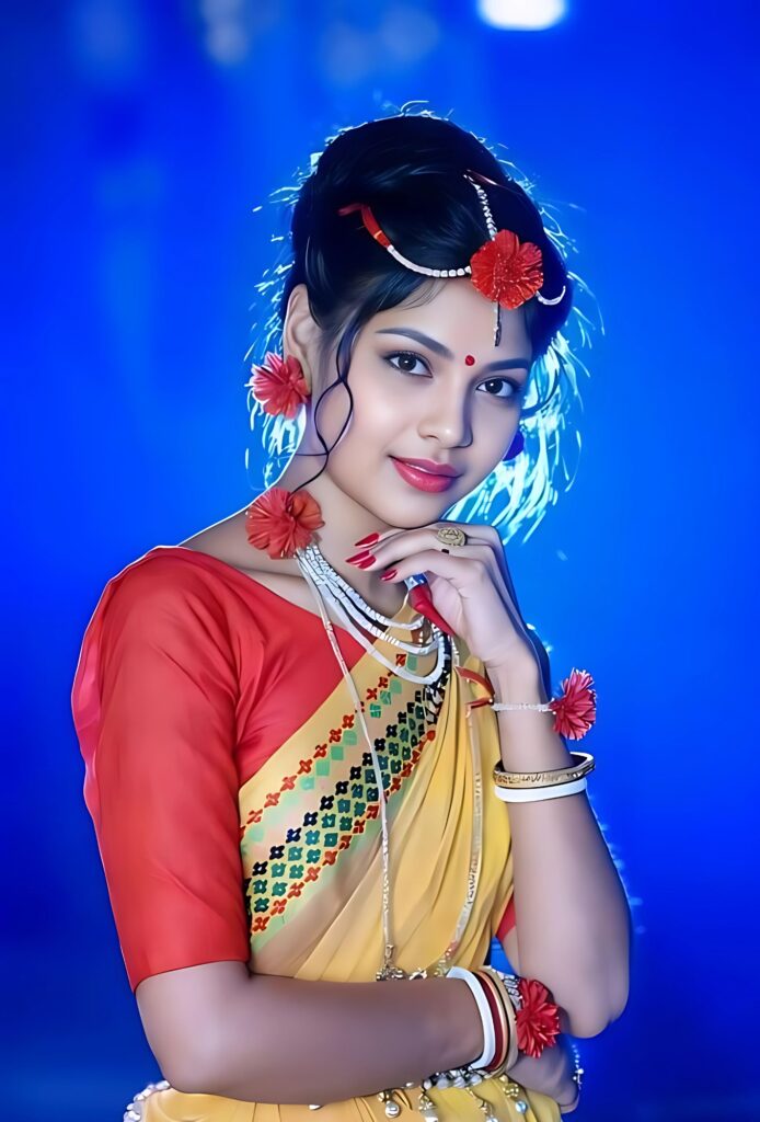 पारंपरिक पीली साड़ी में सुंदर भारतीय लड़की, फूलों की ज्वेलरी और नीले बैकग्राउंड के साथ डीपी फोटो।