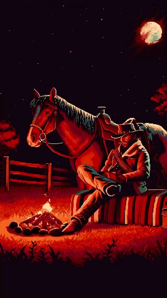 3D Red Dead Redemption 2 wallpaper showing cowboy resting by a campfire with his horse under a starry night sky