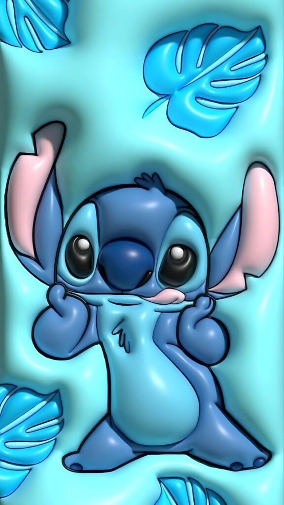 3D illustration of Stitch from Disney’s Lilo & Stitch with big shiny eyes, standing playfully on a glossy aqua background with blue tropical leaves
