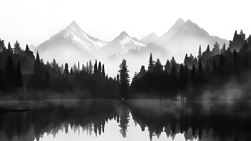 Minimalist black and white wallpaper featuring mountains, pine trees, and a lake reflection.
