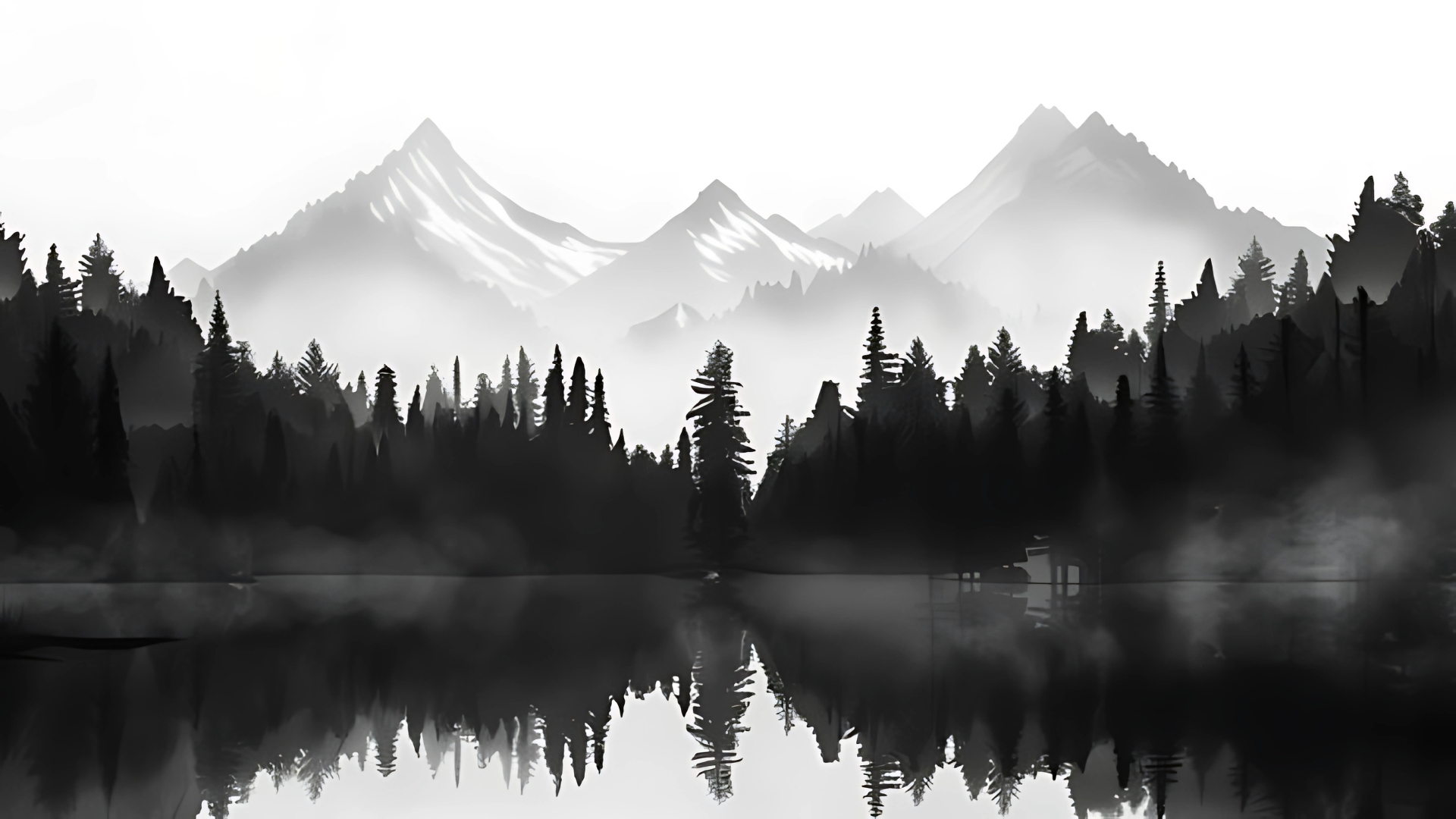 Minimalist black and white wallpaper featuring mountains, pine trees, and a lake reflection.