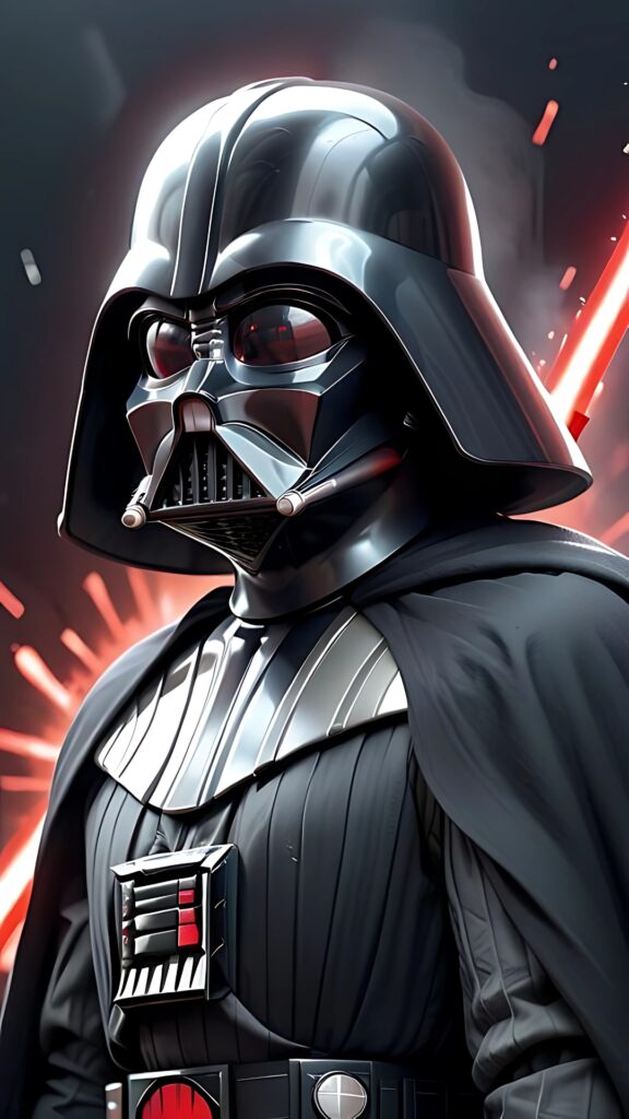 4K image of Darth Vader with glossy black helmet, red lightsaber glow, and explosive sci-fi background.