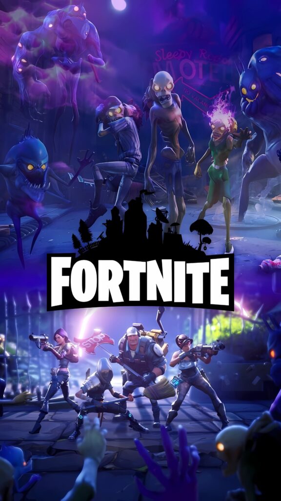 Fortnite 4K wallpaper featuring heroes and monsters in dark battle setting