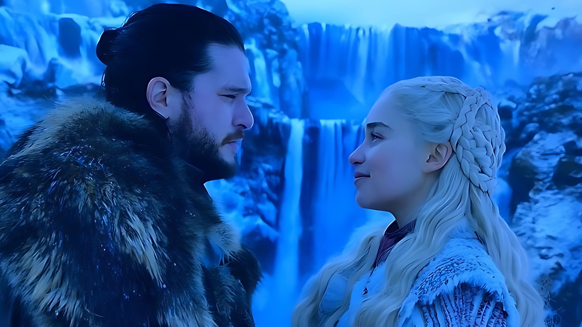 Jon Snow and Daenerys Targaryen at frozen waterfall – Game of Thrones 4K laptop wallpaper