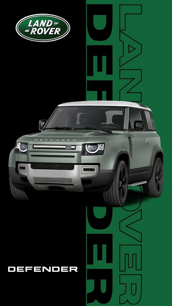 4K wallpaper of Land Rover Defender SUV in sage green with white roof, set against a split black and green background with bold Defender branding