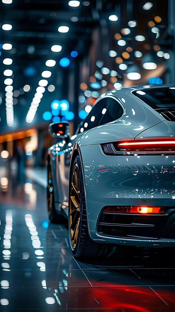 Close-up rear view of a white Porsche 911 with golden wheels under vibrant indoor lights