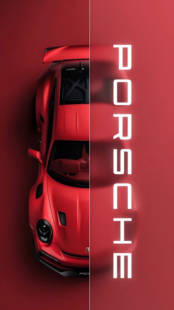 Top-down view of a red Porsche 911 GT3 with vertical Porsche branding on a bold red background