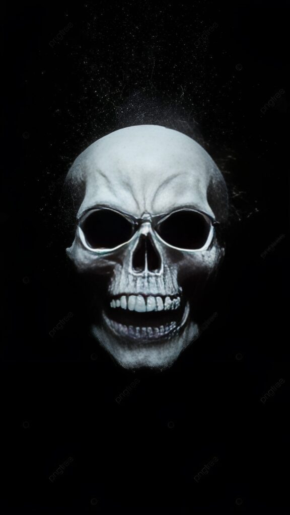 Realistic human skull glowing in the dark with dramatic shadows on a black background