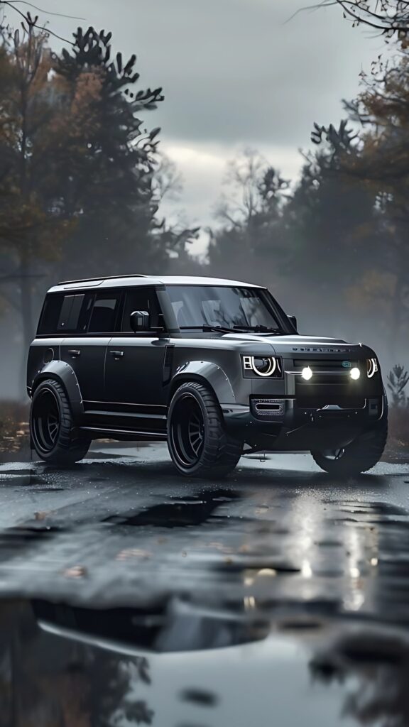 Land Rover Defender on wet forest road in moody autumn setting