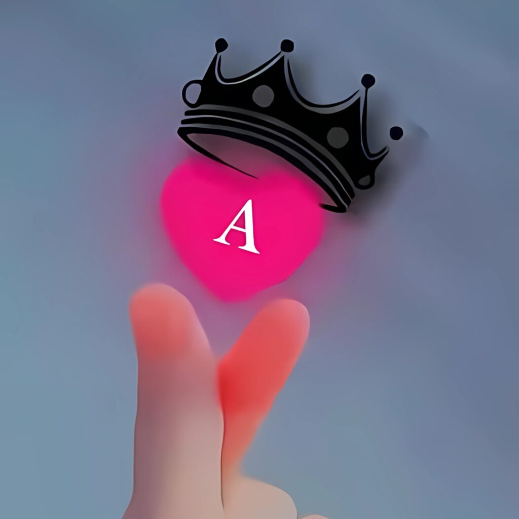 Hand showing Korean finger heart with glowing pink heart, black crown, and letter A – perfect A name love DP for WhatsApp or Instagram.