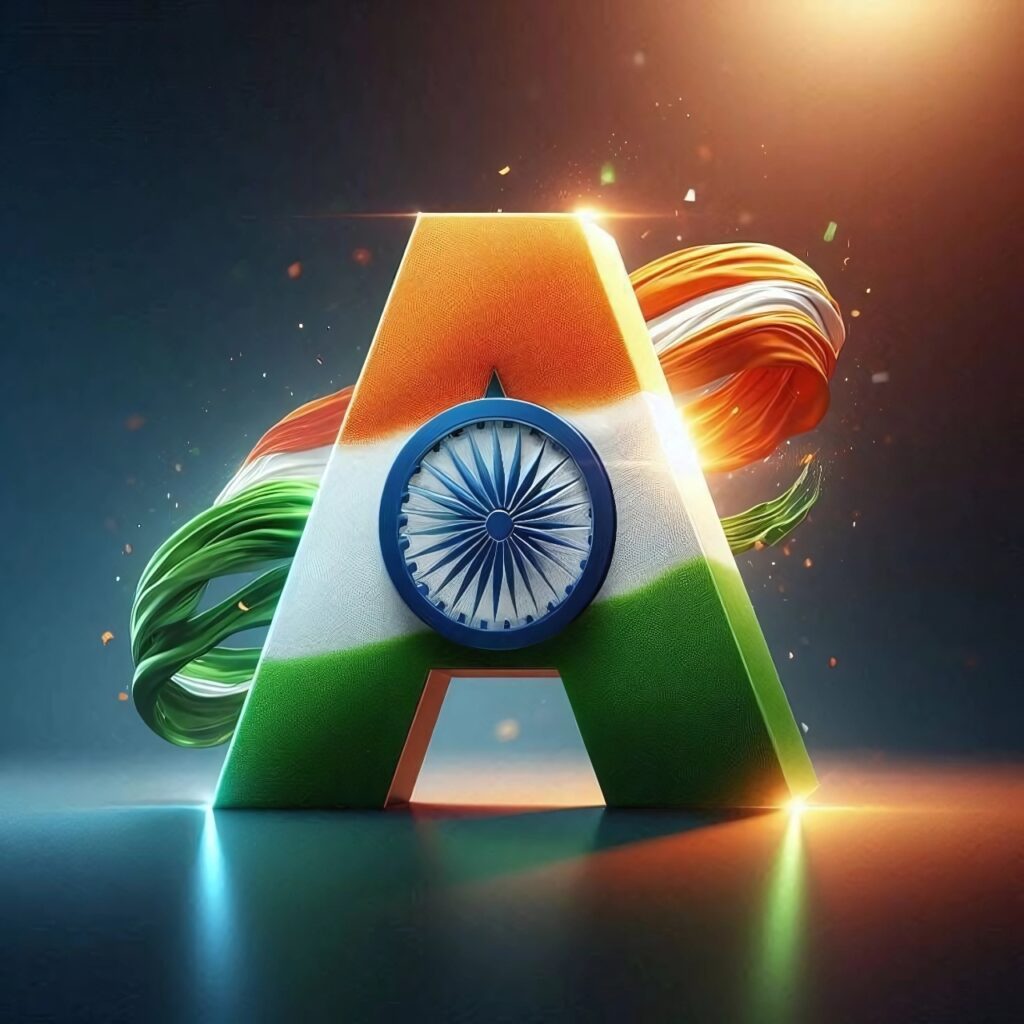 A letter DP in Indian flag tricolor with Ashoka Chakra, patriotic style profile photo for A name.