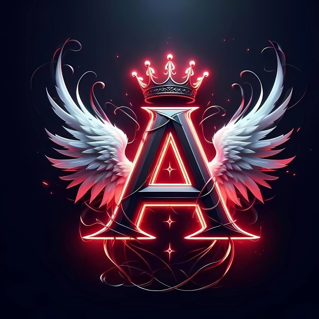 Bold letter A with white angel wings and glowing crown, illuminated in red neon style – aesthetic and powerful A name profile picture.