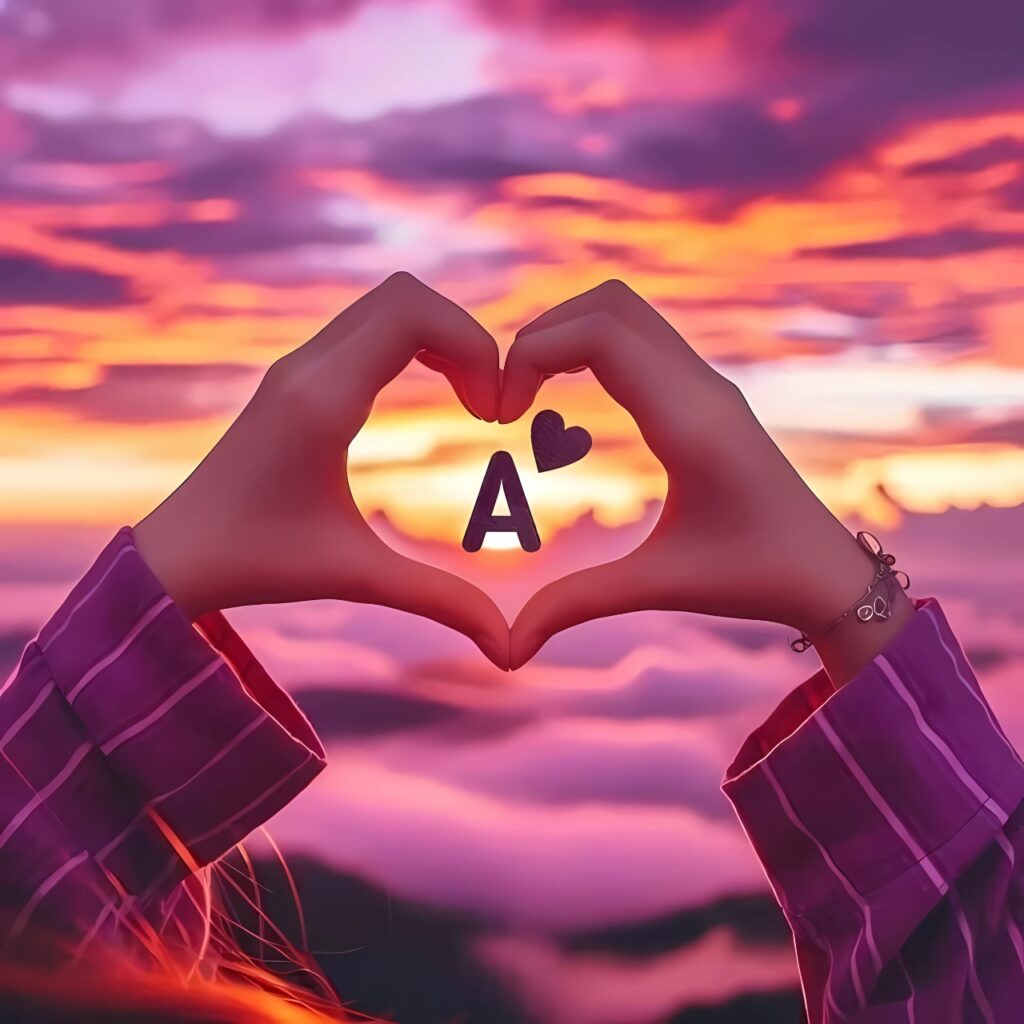 Romantic A name DP with heart hands and love symbol, perfect for love-themed A letter profile pictures.
