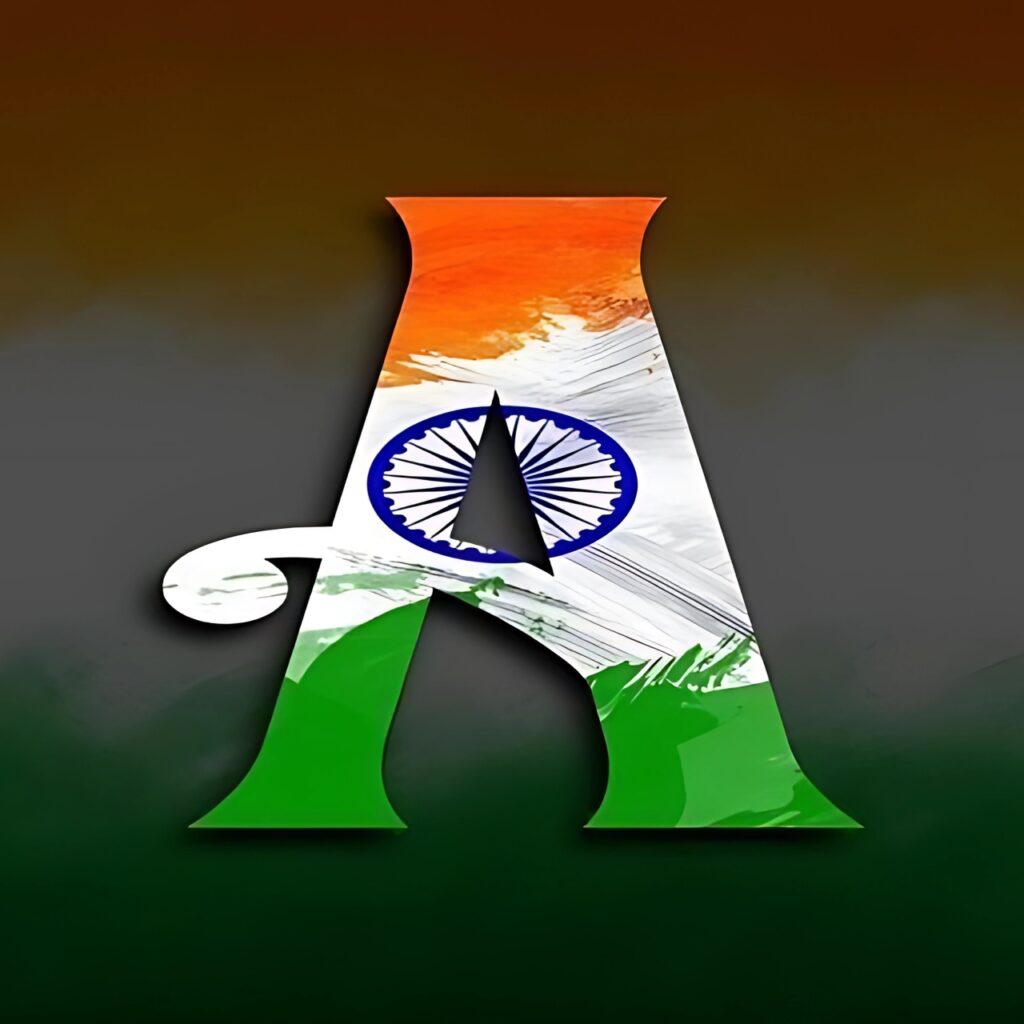 Letter A DP with Indian tricolor flag theme and Ashoka Chakra in the center on a patriotic background.