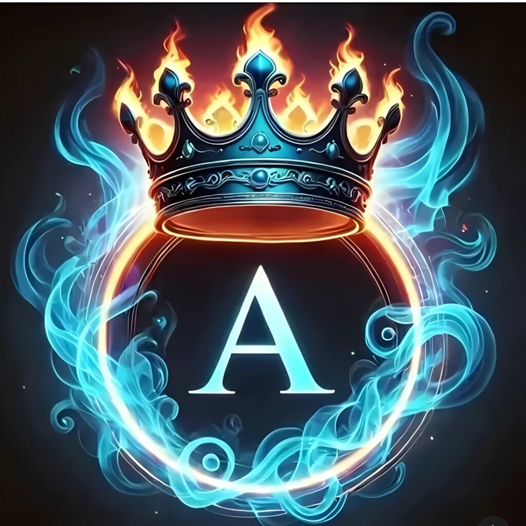 Fiery crown above glowing letter A surrounded by blue flame design on black background – attitude DP for A name.