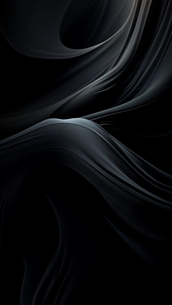 Smooth, flowing black abstract wallpaper with silky textures and soft gradients for a luxurious minimalist look