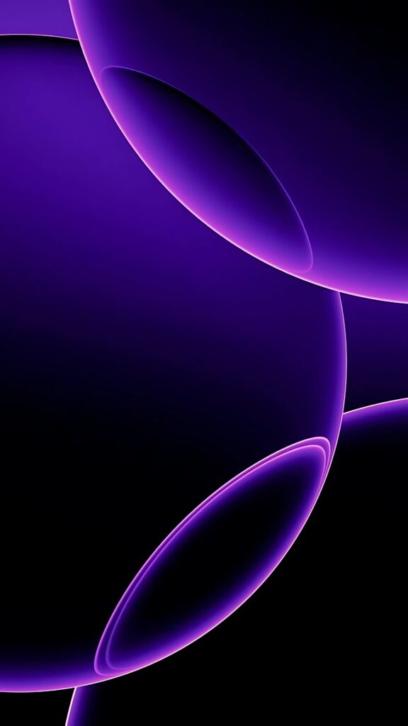 Minimalist dark purple wallpaper with glowing neon curves on a black background in an abstract style