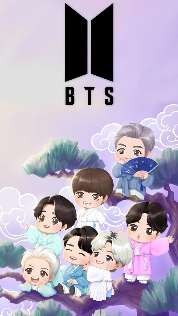 Cute chibi-style BTS members in traditional Hanbok outfits sitting on a tree with purple background and BTS logo