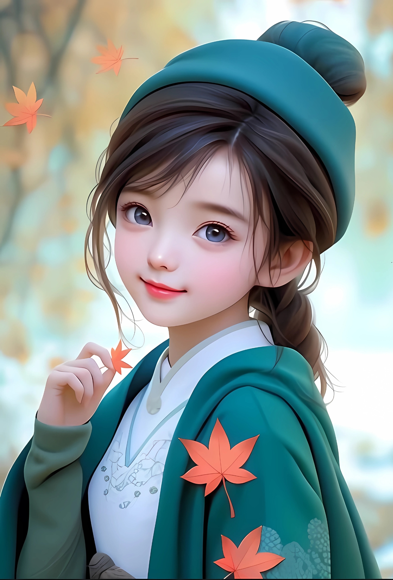 Cartoon girl DP in traditional green attire with falling autumn leaves and braided hair in anime style