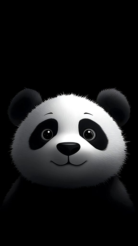 Cute 4K wallpaper featuring a fluffy panda face with wide eyes against a solid black background